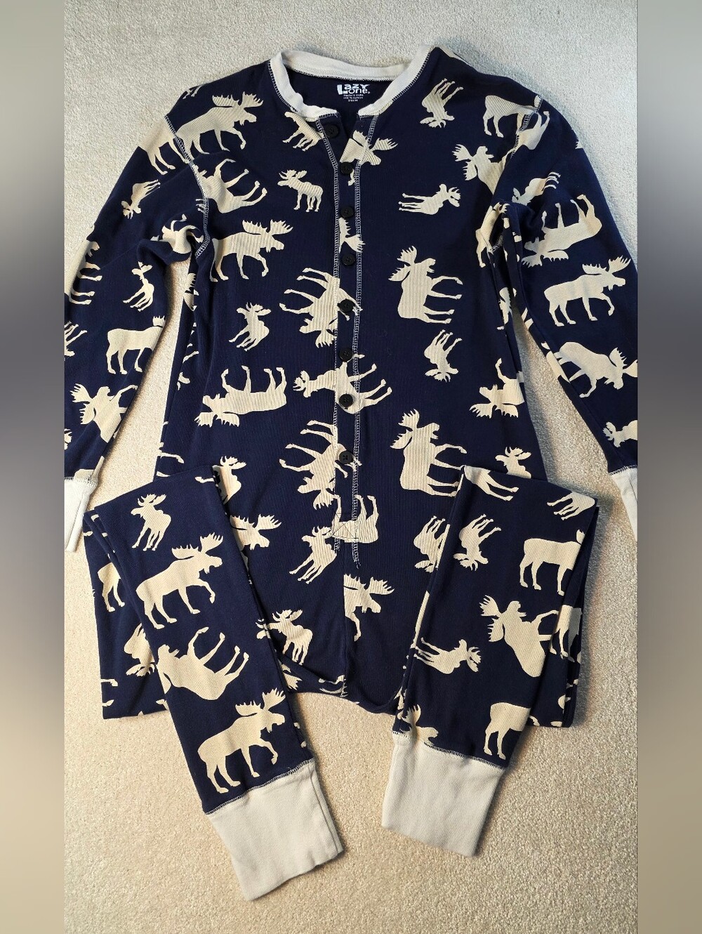 LazyOne Moose Print Flapjacks Union Suit Long John Pajamas Blue Cream Womens M